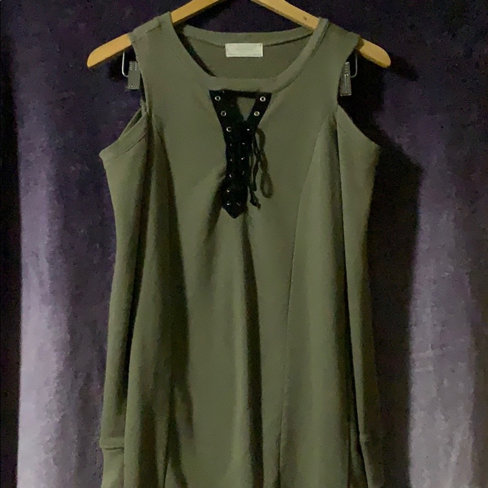 No Comment Army Green Lace Up Cold Shoulder Dress